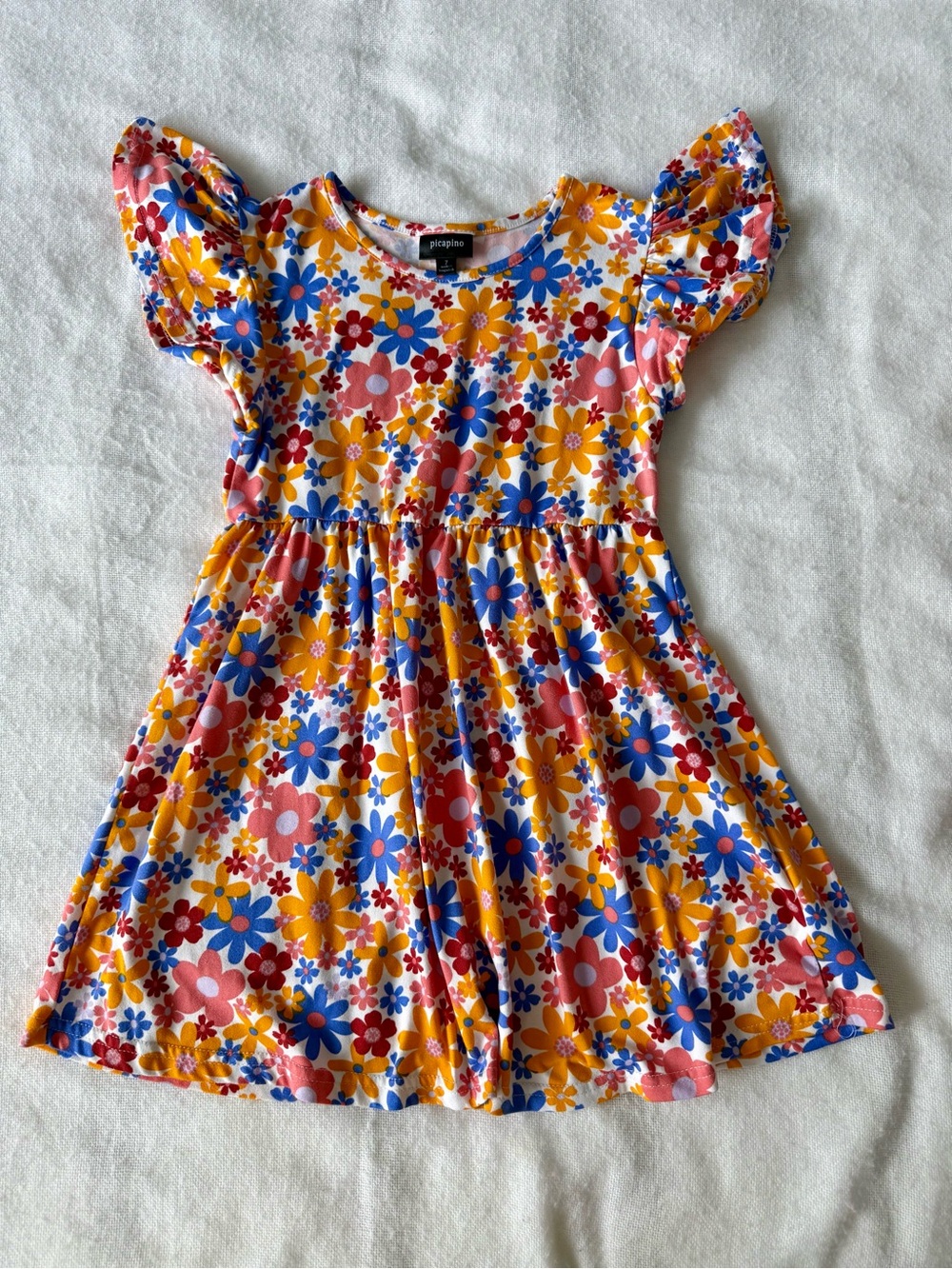 Flowery Flutter-Sleeve Kids Dress in Yellow and Blue